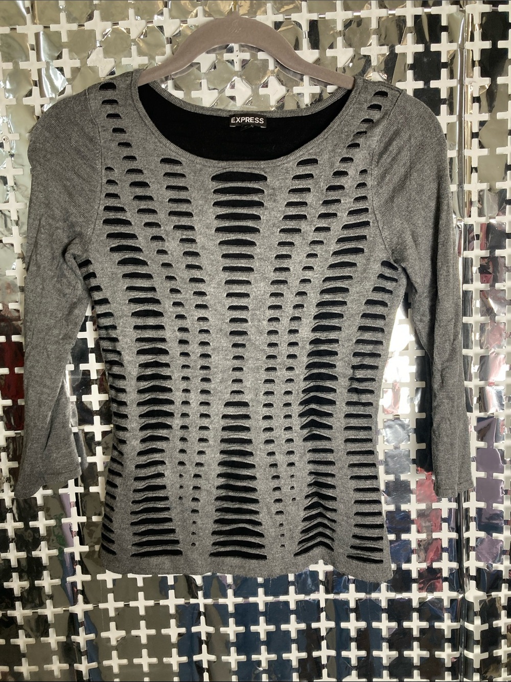 Express Gray Layered-Look Cutout Long Sleeve Top